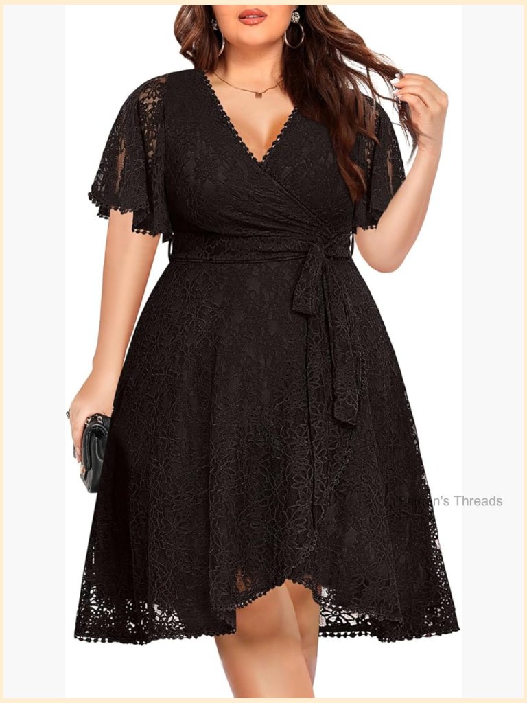 Plus Size Lace Wrap V-Neck Knee Length Dress For Wedding Guest